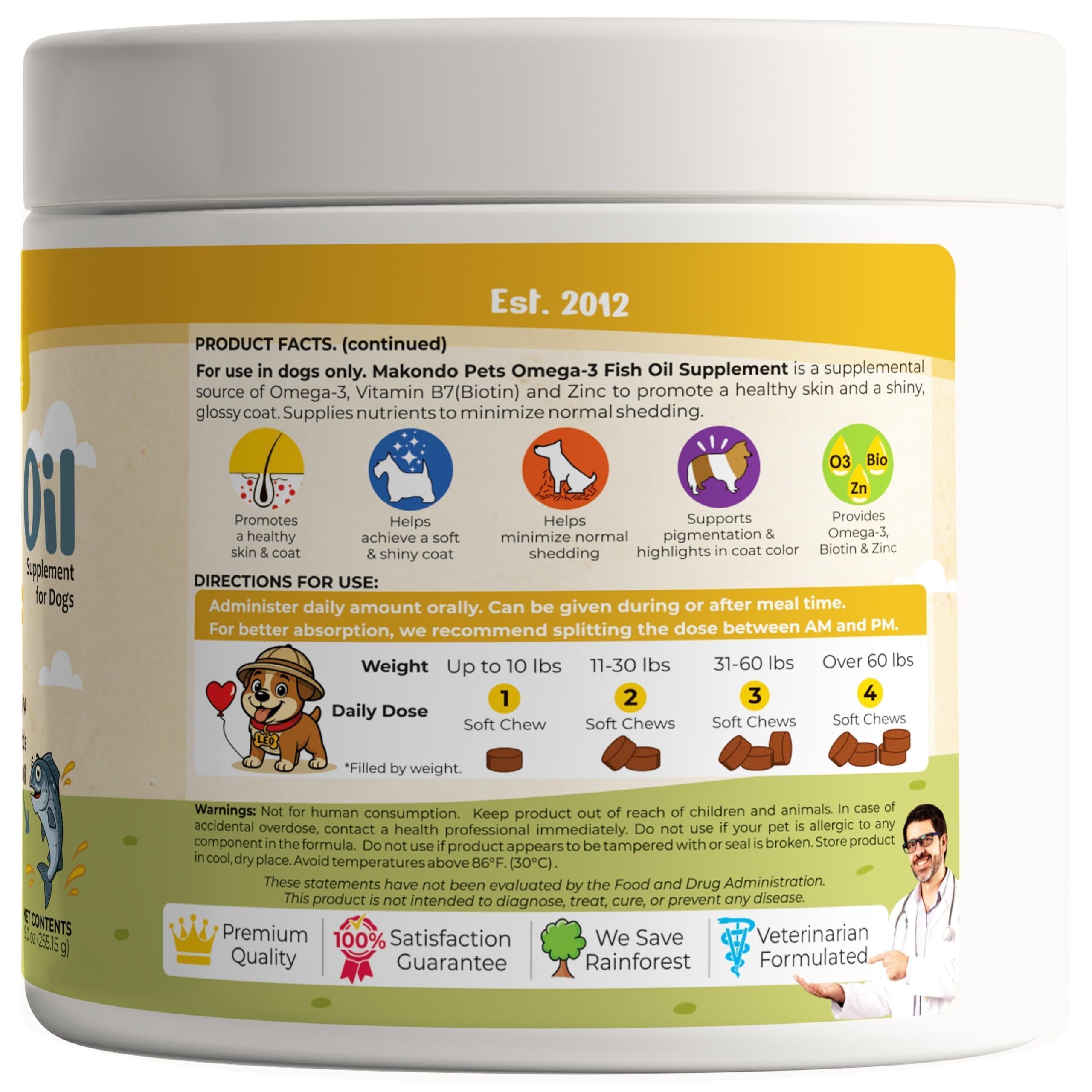 Omega 3 for Dogs 120 Fish Oil Treats for Shedding Dog Allergy Chews Skin and Coat Supplement Itch Relief Hot Spots Joint Health EPA & DHA Fatty Acids Biotin Puppy Salmon Oil Soft Chews