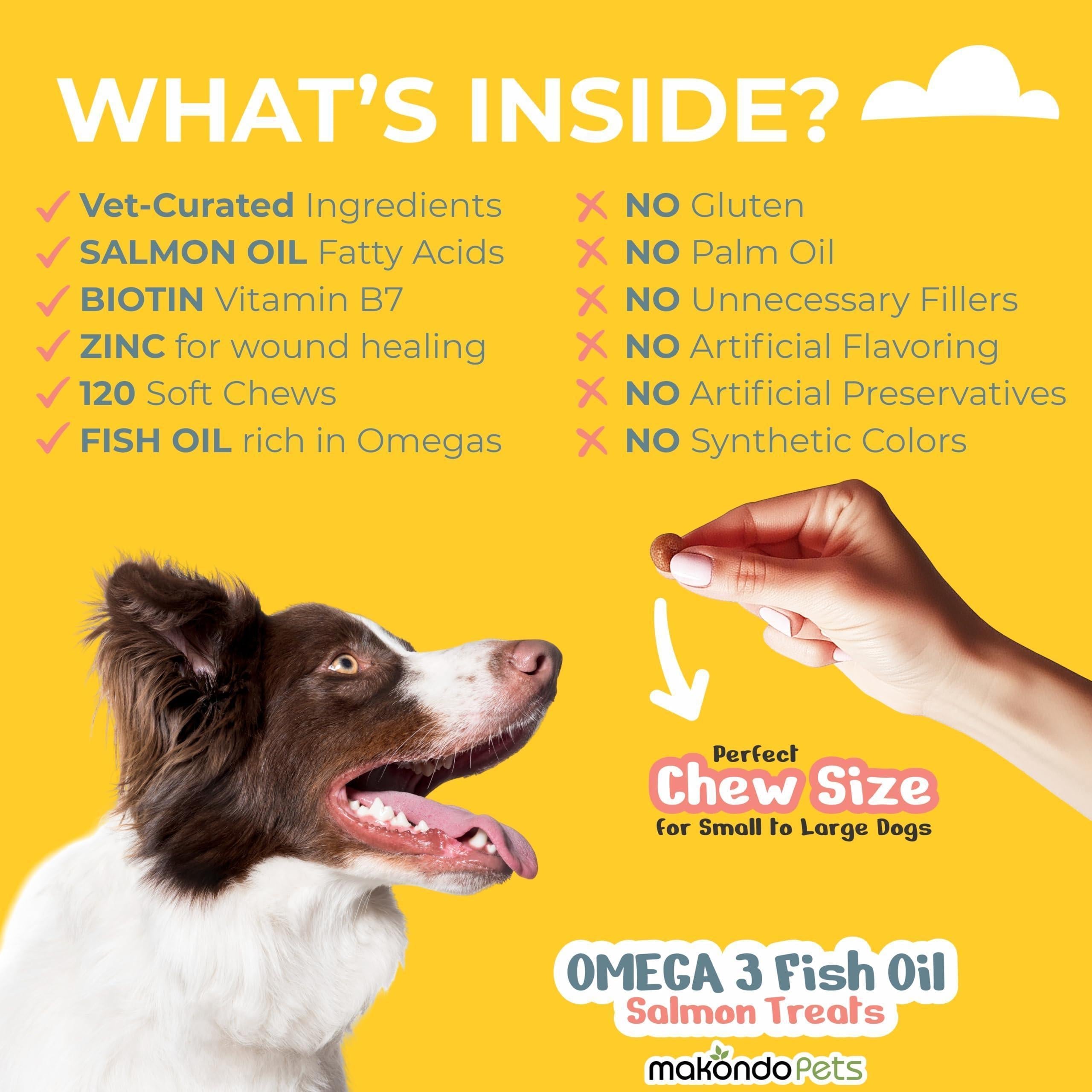 Omega 3 for Dogs 120 Fish Oil Treats for Shedding Dog Allergy Chews Skin and Coat Supplement Itch Relief Hot Spots Joint Health EPA & DHA Fatty Acids Biotin Puppy Salmon Oil Soft Chews