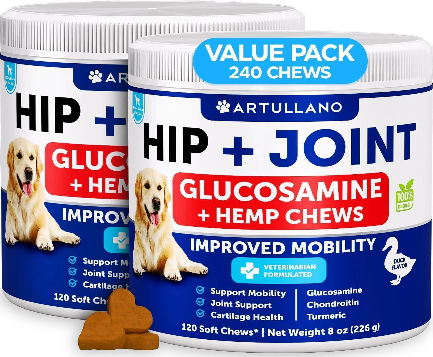Hemp Hip and Joint Supplement for Dogs Glucosamine for Dogs Joint Pain Relief MSM Mobility Support Hemp Chews with Chondroitin Canine Cartilage Health 240 Chewable Soft Treats (2 Pack)