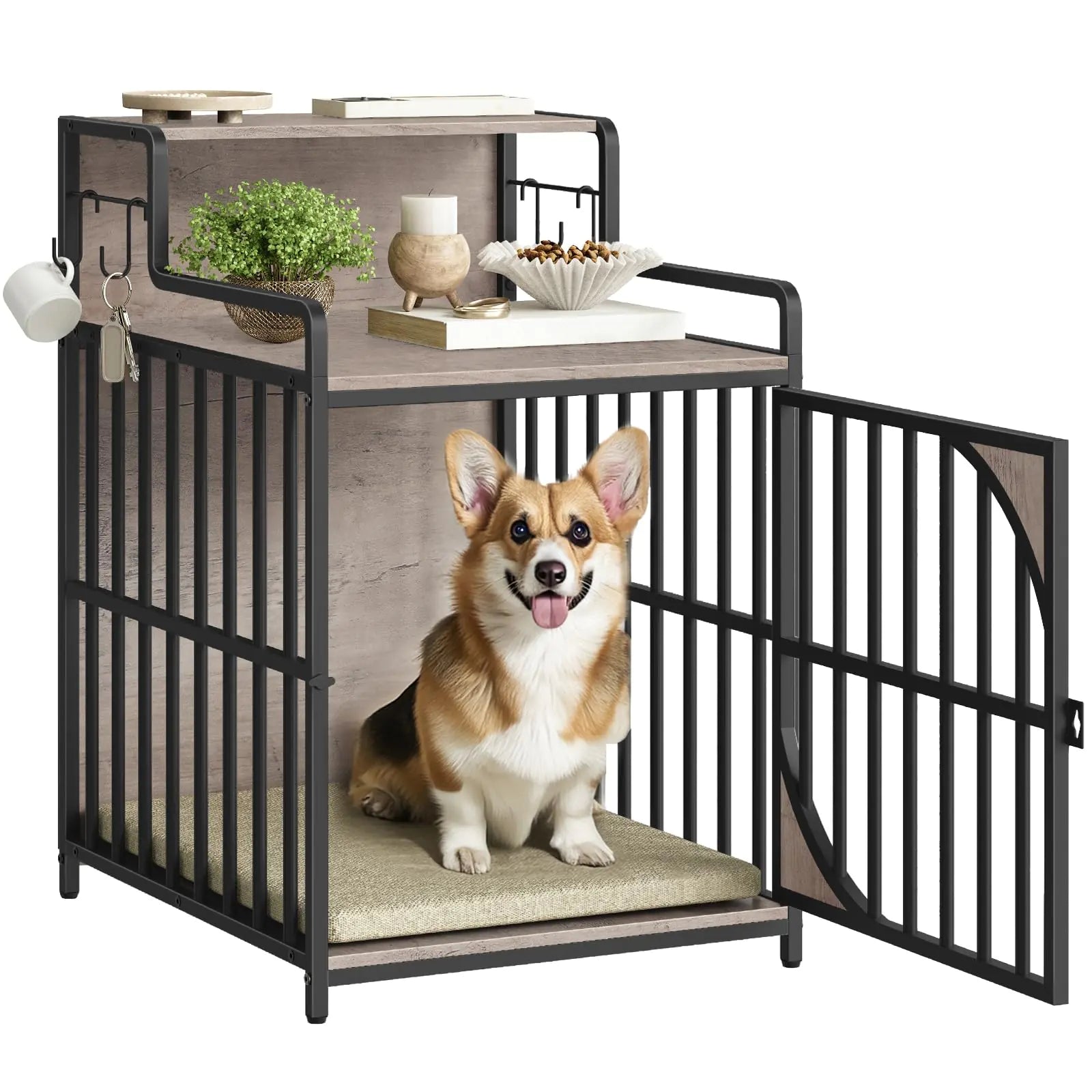 Greige Chic Dog Crate End Table with Storage