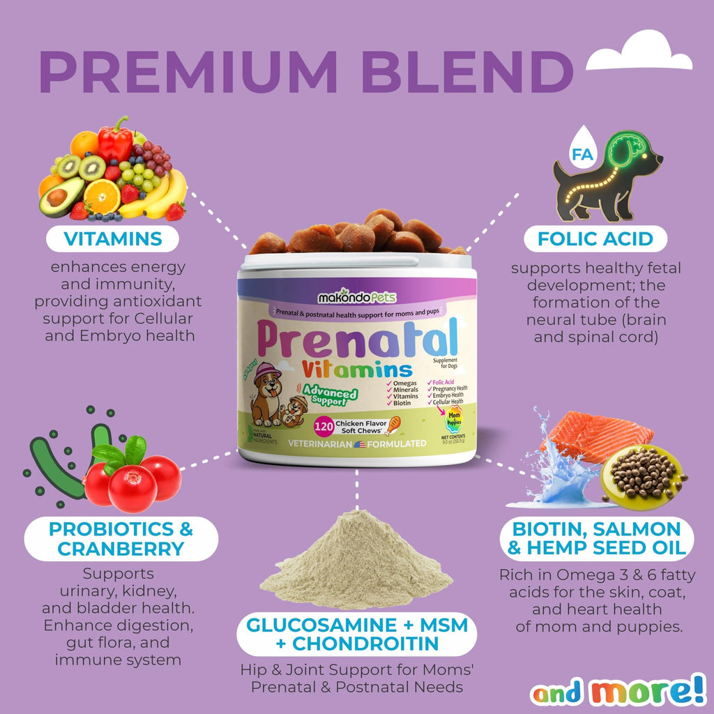 Dog Prenatal Vitamins 120 Soft Chews Multivitamin Folic Acid Zinc B Complex DHA & EPA Omegas and Probiotics Supplement for Pregnant Nursing Breastfeeding Pet Mom & Puppy Vitamin Formula