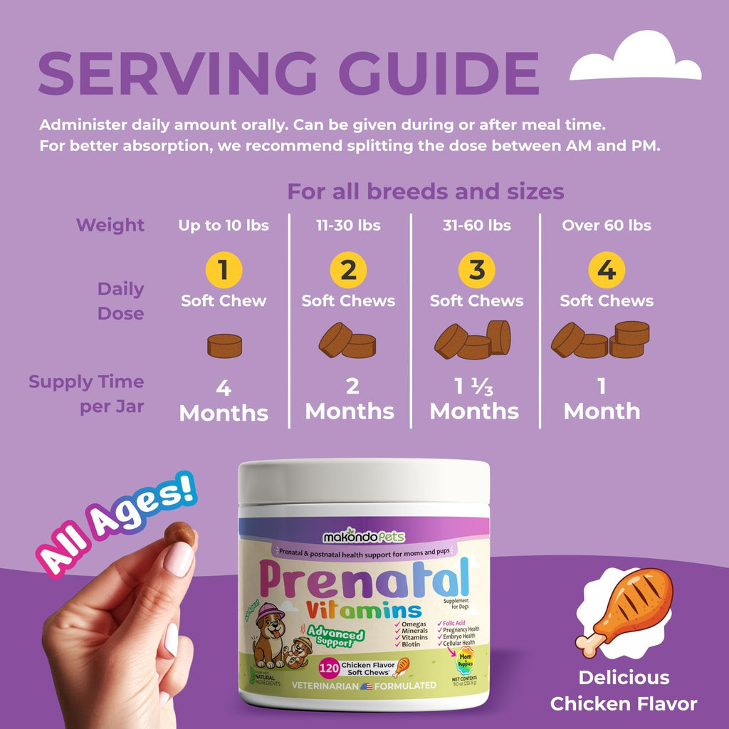 Dog Prenatal Vitamins 120 Soft Chews Multivitamin Folic Acid Zinc B Complex DHA & EPA Omegas and Probiotics Supplement for Pregnant Nursing Breastfeeding Pet Mom & Puppy Vitamin Formula