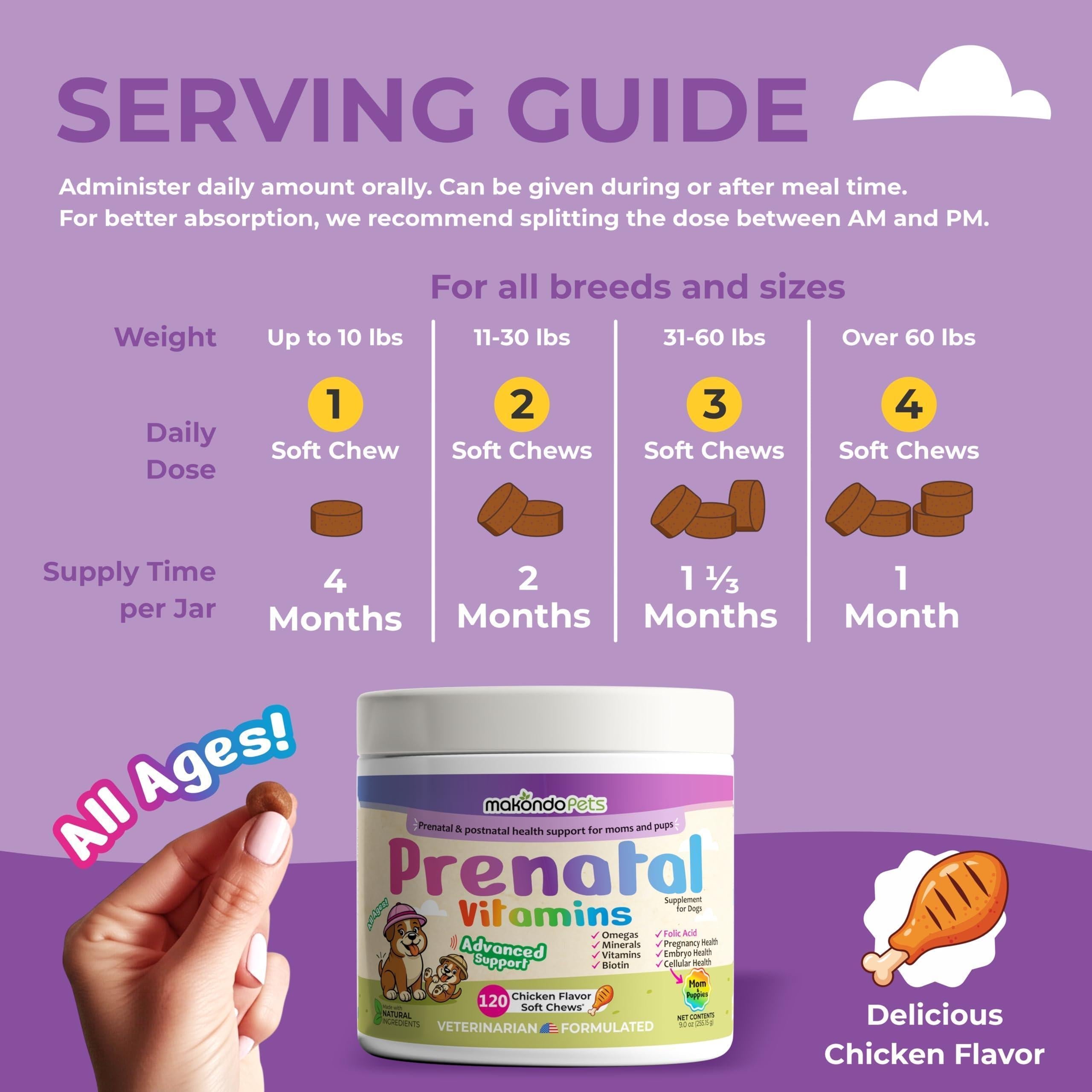 Dog Prenatal Vitamins 120 Soft Chews Multivitamin Folic Acid Zinc B Complex DHA & EPA Omegas and Probiotics Supplement for Pregnant Nursing Breastfeeding Pet Mom & Puppy Vitamin Formula