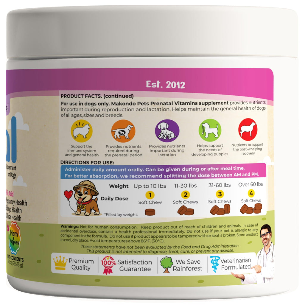 Dog Prenatal Vitamins 120 Soft Chews Multivitamin Folic Acid Zinc B Complex DHA & EPA Omegas and Probiotics Supplement for Pregnant Nursing Breastfeeding Pet Mom & Puppy Vitamin Formula